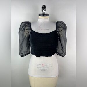 💚 3353. Organza Puff Sleeve Smocked Velvet Crop Top